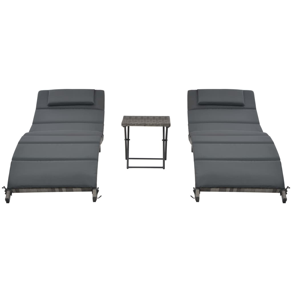 Set Lettini da Giardino 3 pz Pieghevoli in Polyrattan Grigio