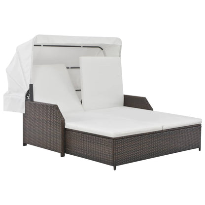 Lettino Prendisole 2 Posti con Tettuccio in Polyrattan Marrone