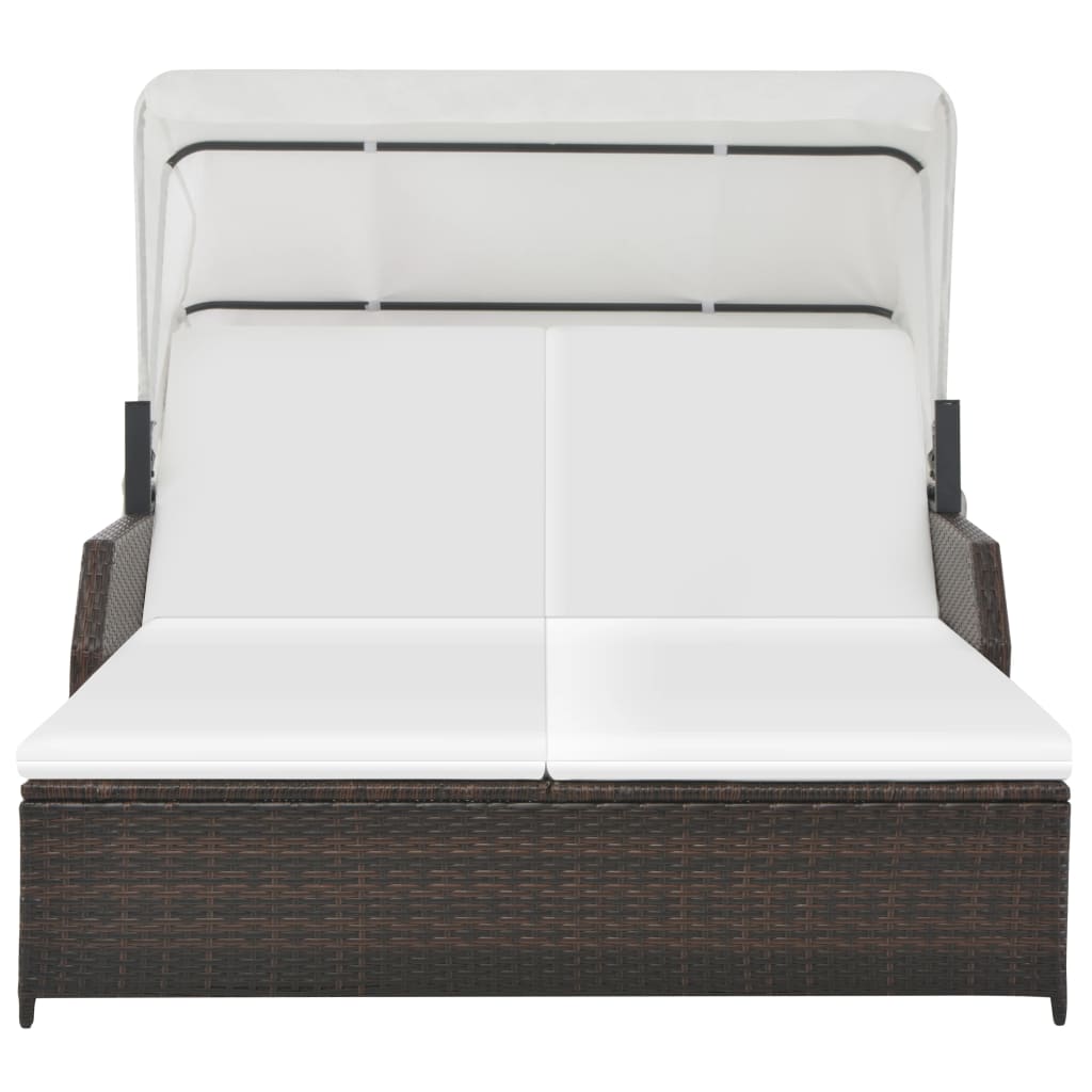 Lettino Prendisole 2 Posti con Tettuccio in Polyrattan Marrone