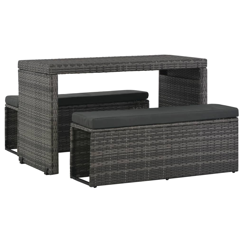 Set da Pranzo per Esterni 3 pz con Cuscini in Polyrattan Grigio