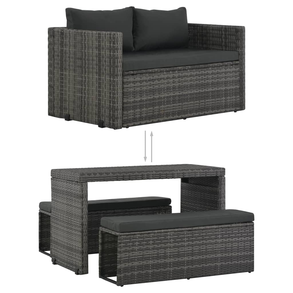 Set da Pranzo per Esterni 3 pz con Cuscini in Polyrattan Grigio