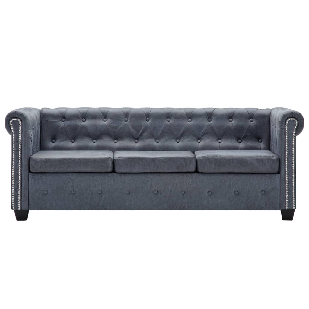 Set Divani Chesterfield in Finta Pelle Scamosciata Grigio