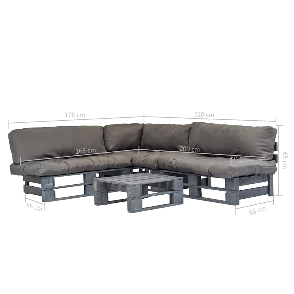 Salotto da Giardino in Pallet con Cuscini Grigi 4 pz in Legno