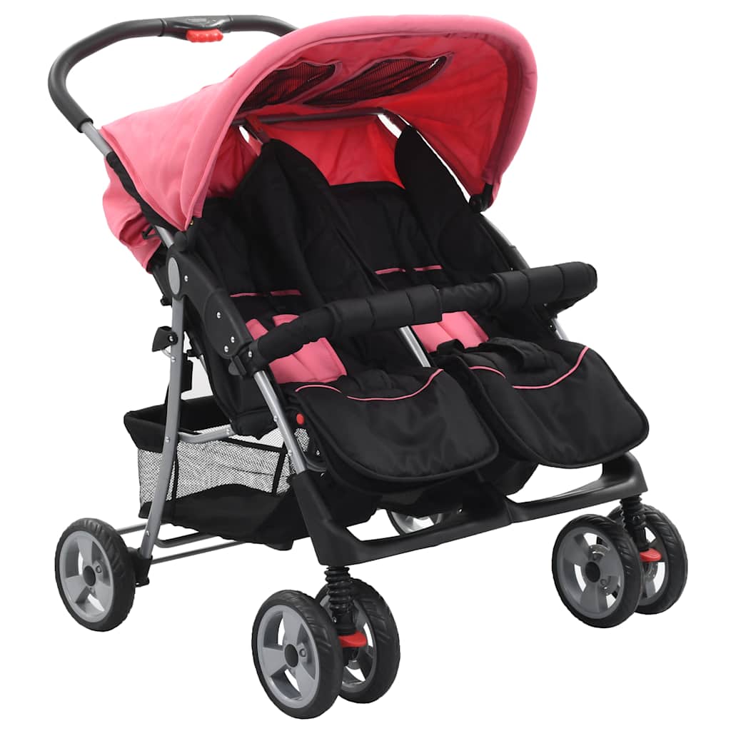 Passeggino Gemellare Rosa e Nero in Acciaio