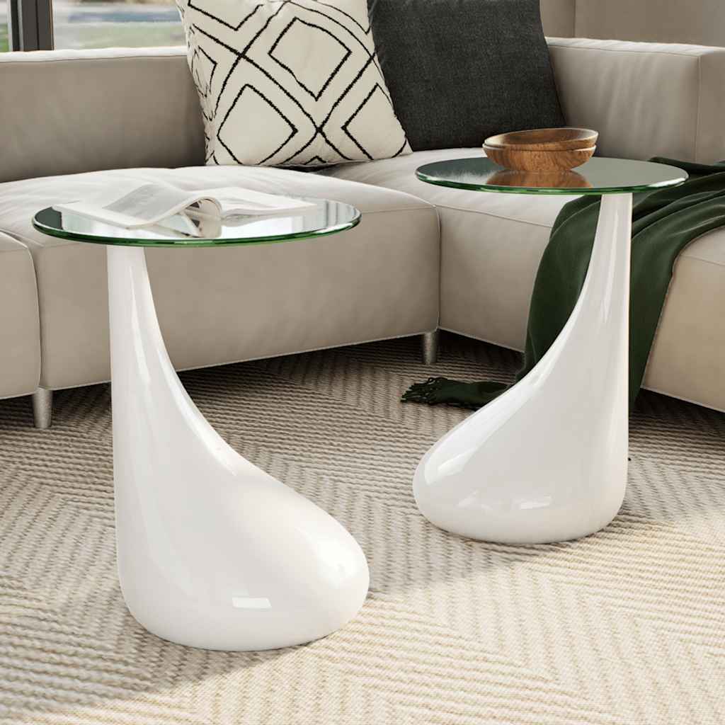 Tavolini da Salotto 2pz con Ripiano Rotondo Vetro Bianco Lucido