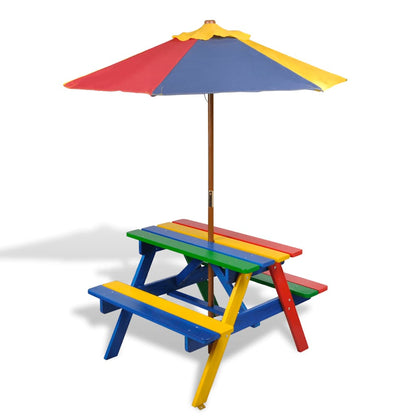 Tavolo e Panchine per Bambini con Parasole Legno Multicolore