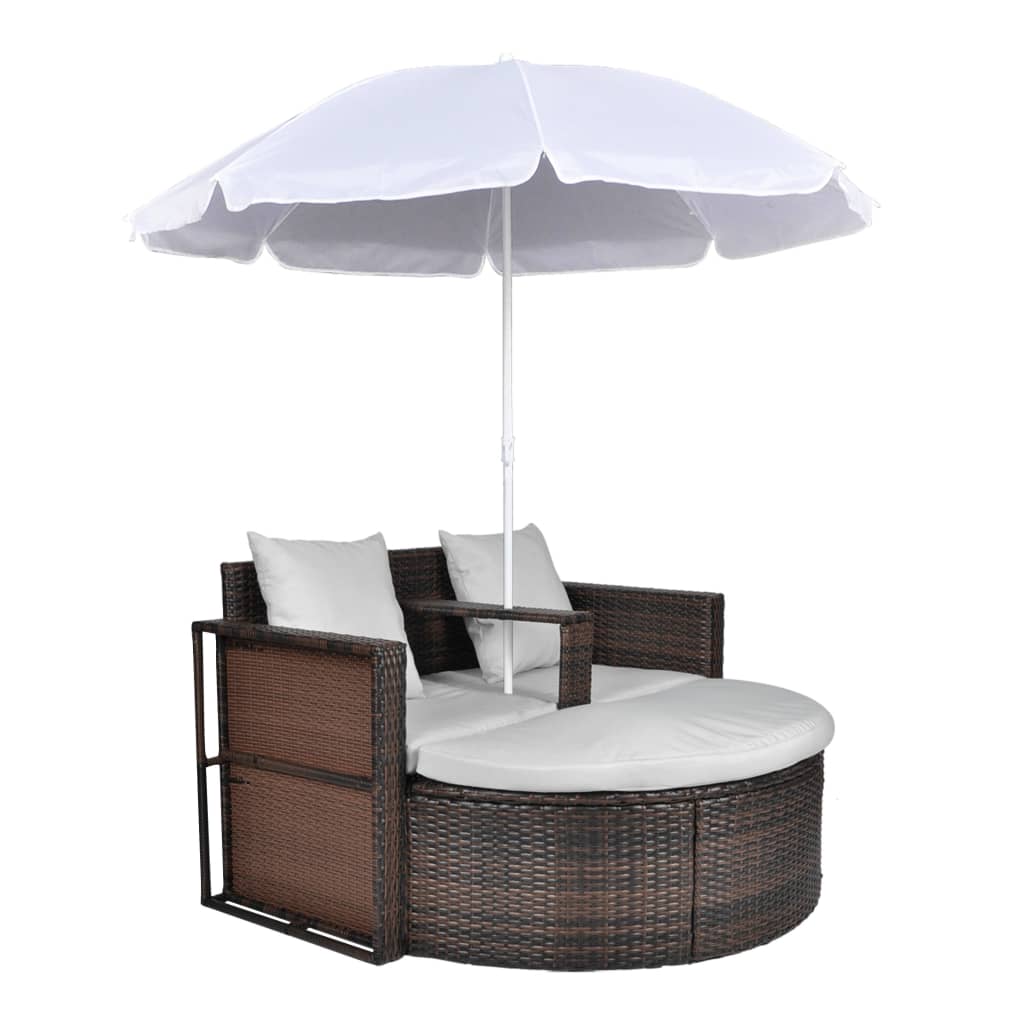 Lettino da Giardino con Ombrellone Marrone in Polyrattan