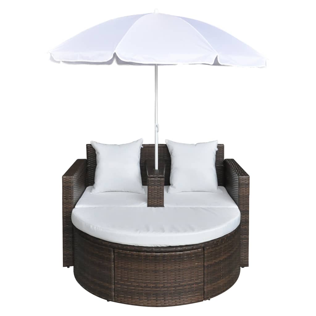 Lettino da Giardino con Ombrellone Marrone in Polyrattan