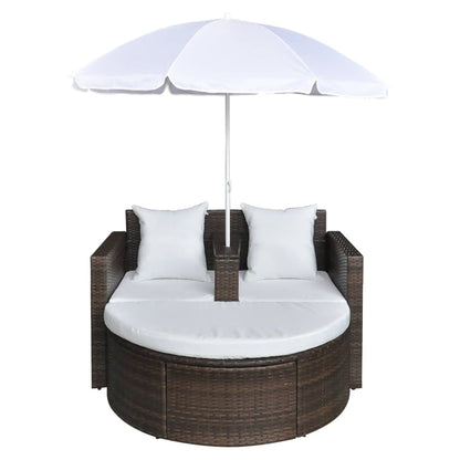 Lettino da Giardino con Ombrellone Marrone in Polyrattan