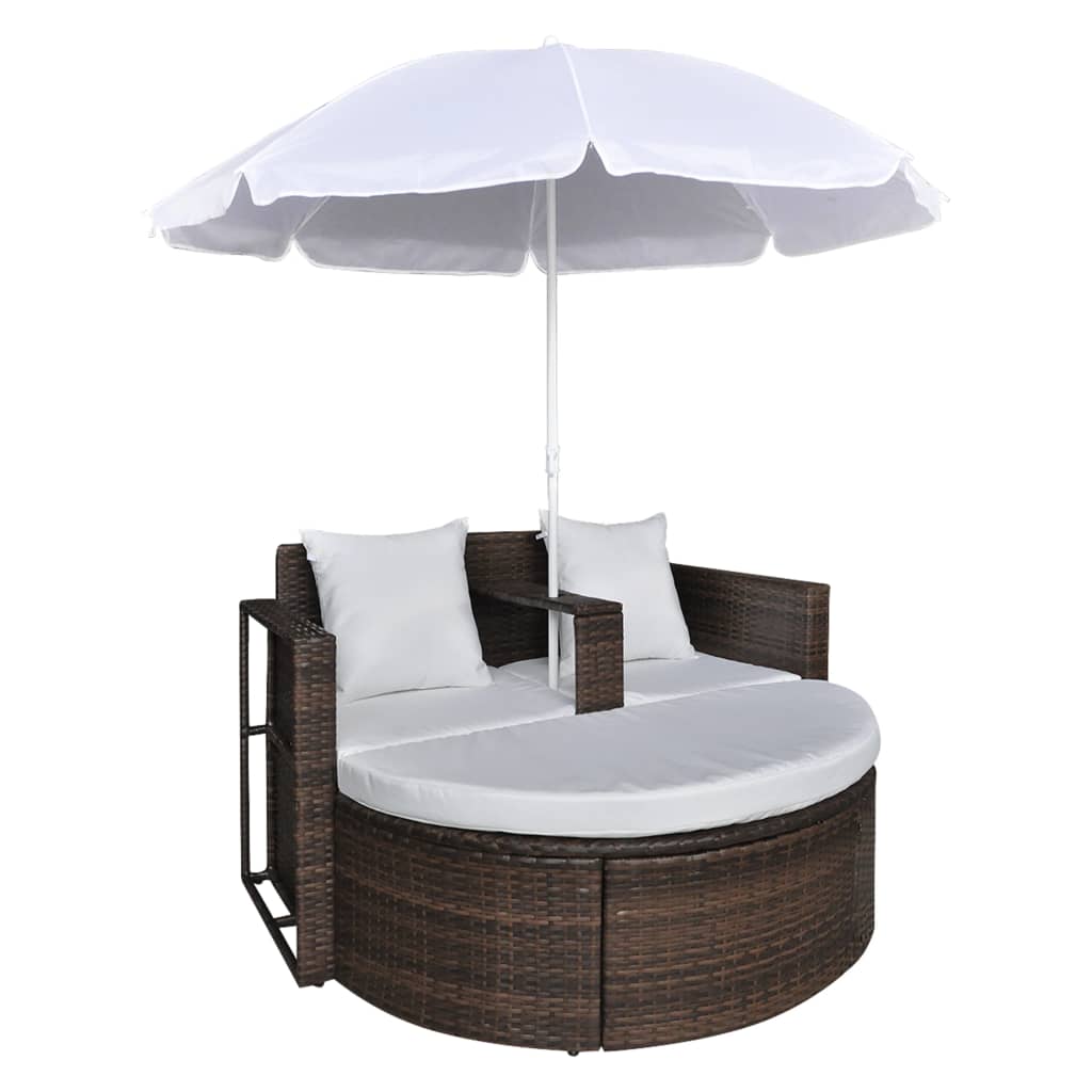 Lettino da Giardino con Ombrellone Marrone in Polyrattan