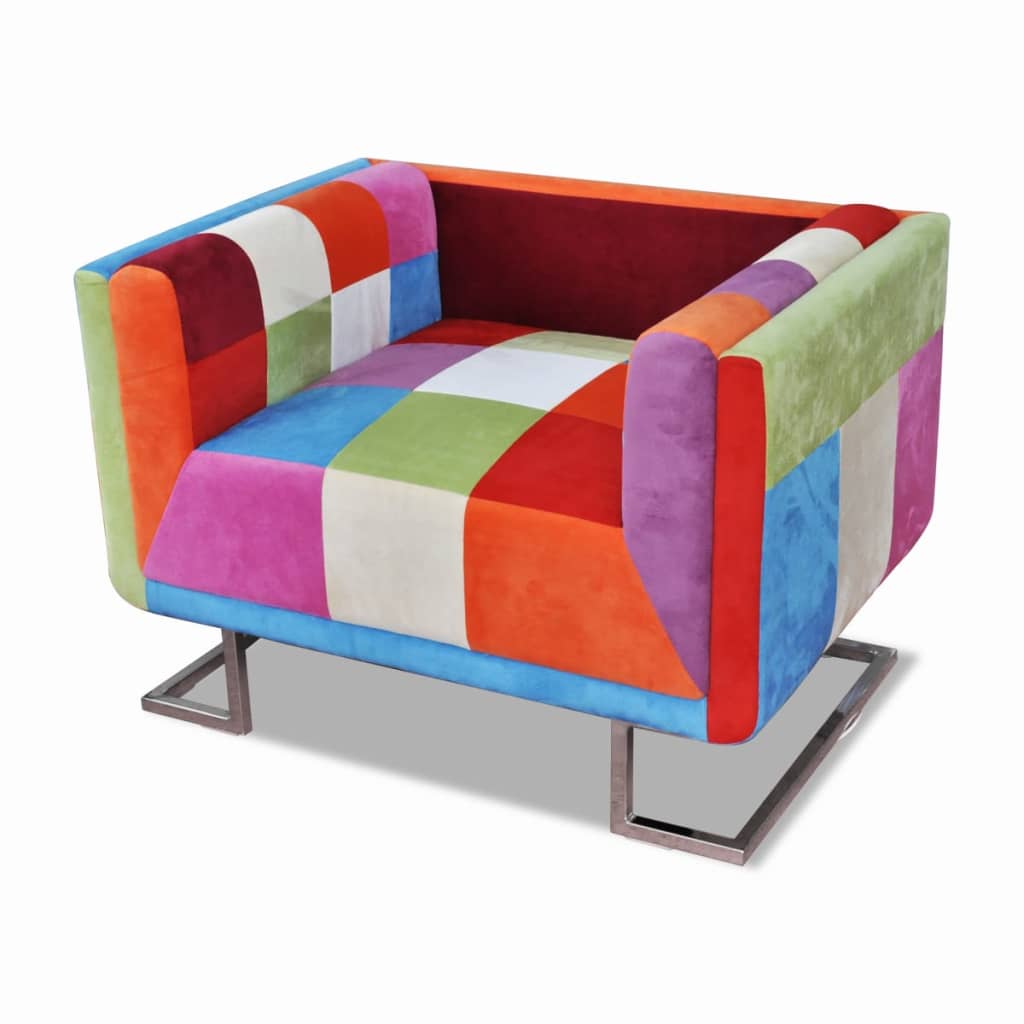 Poltrona a Cubo con Gambe Cromo e Design Patchwork in Tessuto