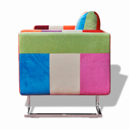 Poltrona a Cubo con Gambe Cromo e Design Patchwork in Tessuto