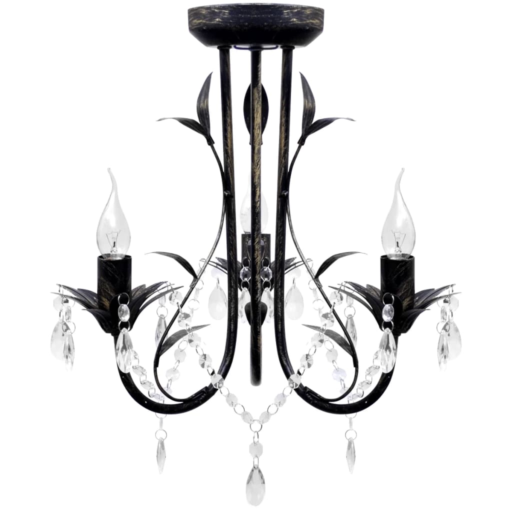 Lampadario Art Nouveau Nero Metallo Perline Cristallo e Lampadine E14