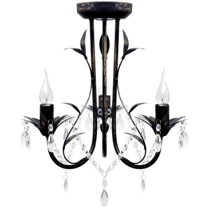 Lampadario Art Nouveau Nero Metallo Perline Cristallo e Lampadine E14