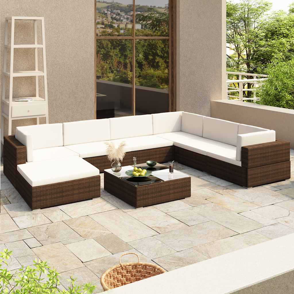 Set Divani da Giardino 8 pz con Cuscini in Polyrattan Marrone