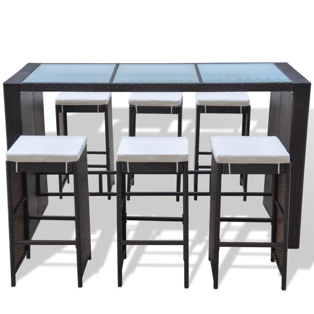 Set da Bar da Giardino 7 pz con Cuscini in Polyrattan Marrone