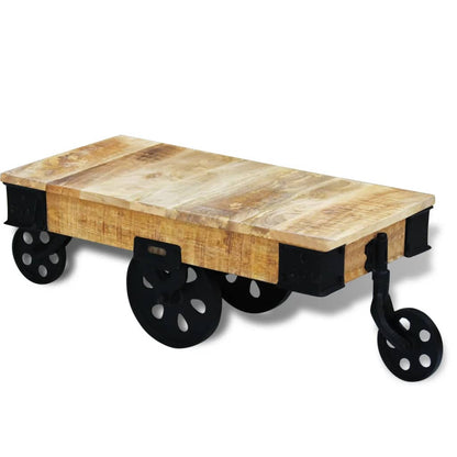 Tavolino da Salotto con Ruote in Legno di Mango Grezzo