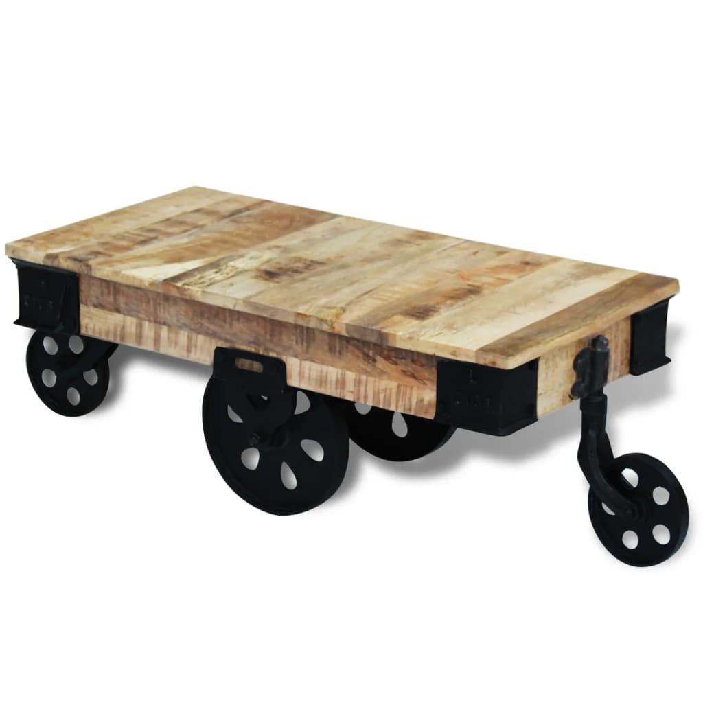 Tavolino da Salotto con Ruote in Legno di Mango Grezzo
