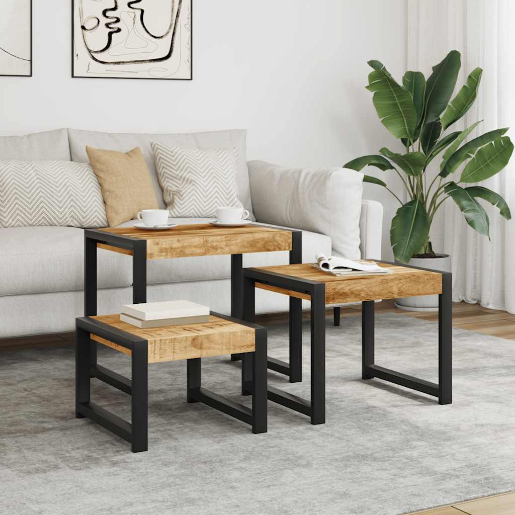 Tavolini Impilabili 3 pz in Legno Massello di Mango