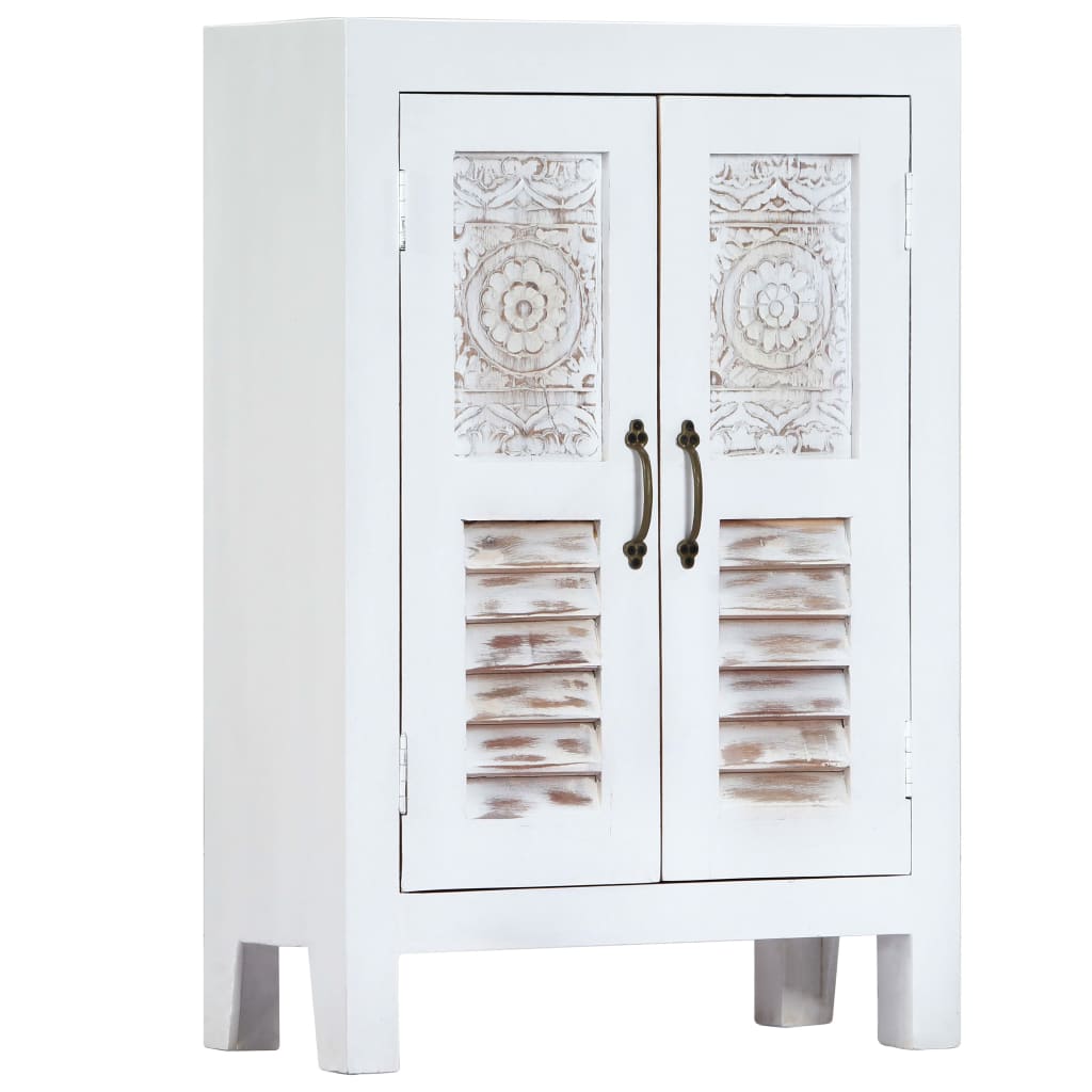 Credenza Intagliata Bianca 60x30x89 cm Legno Massello di Mango