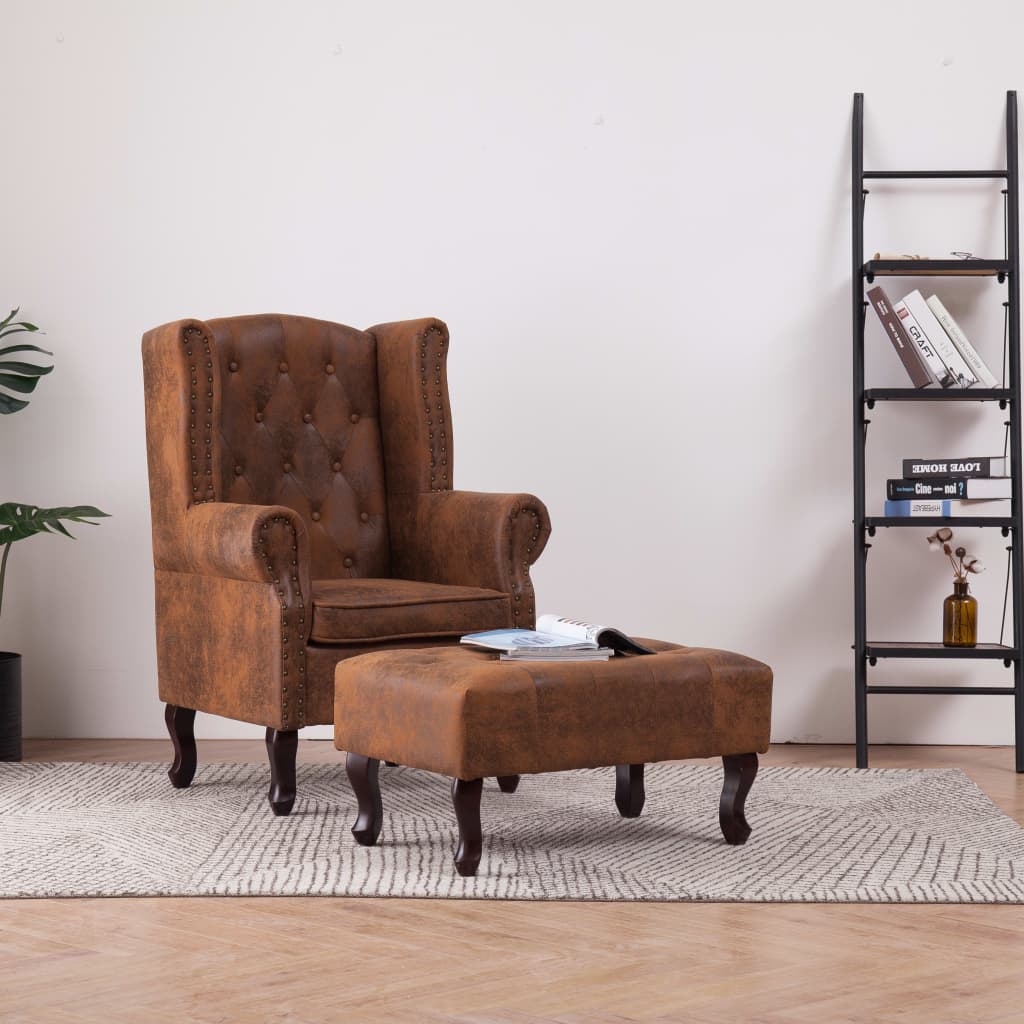 Poltrona Chesterfield Poggiapiedi Marrone Ecopelle Scamosciata