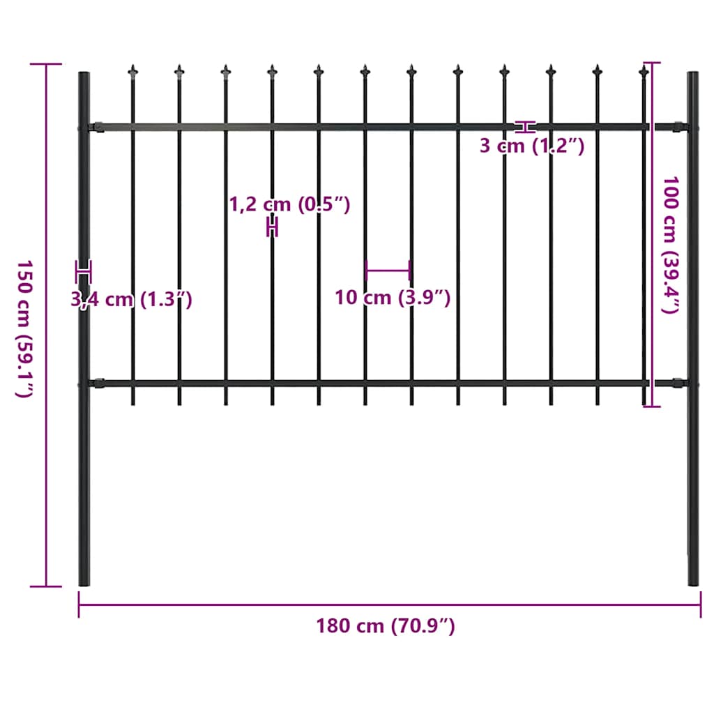 Recinzione da Giardino con Punta a Lancia in Acciaio 181x100 cm Nero
