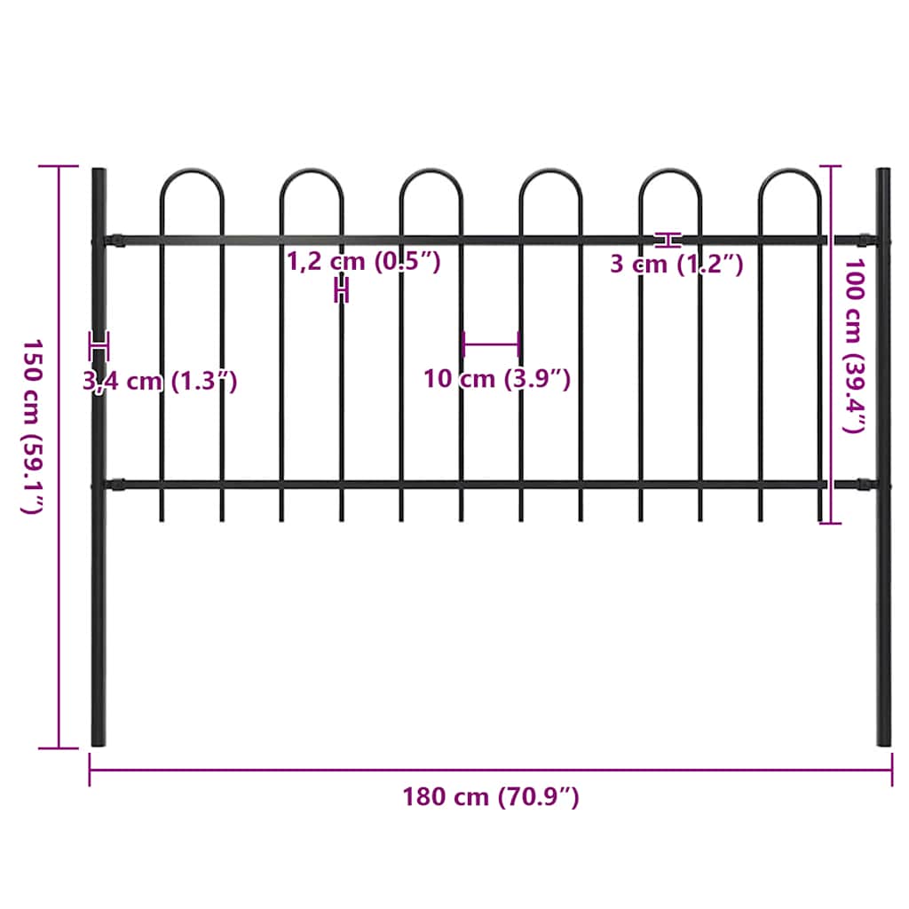 Recinzione da Giardino con Parte Superiore ad Anello in Acciaio 181x100 cm Nero
