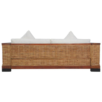 Divano a 3 Posti con Cuscini Marrone in Rattan Naturale
