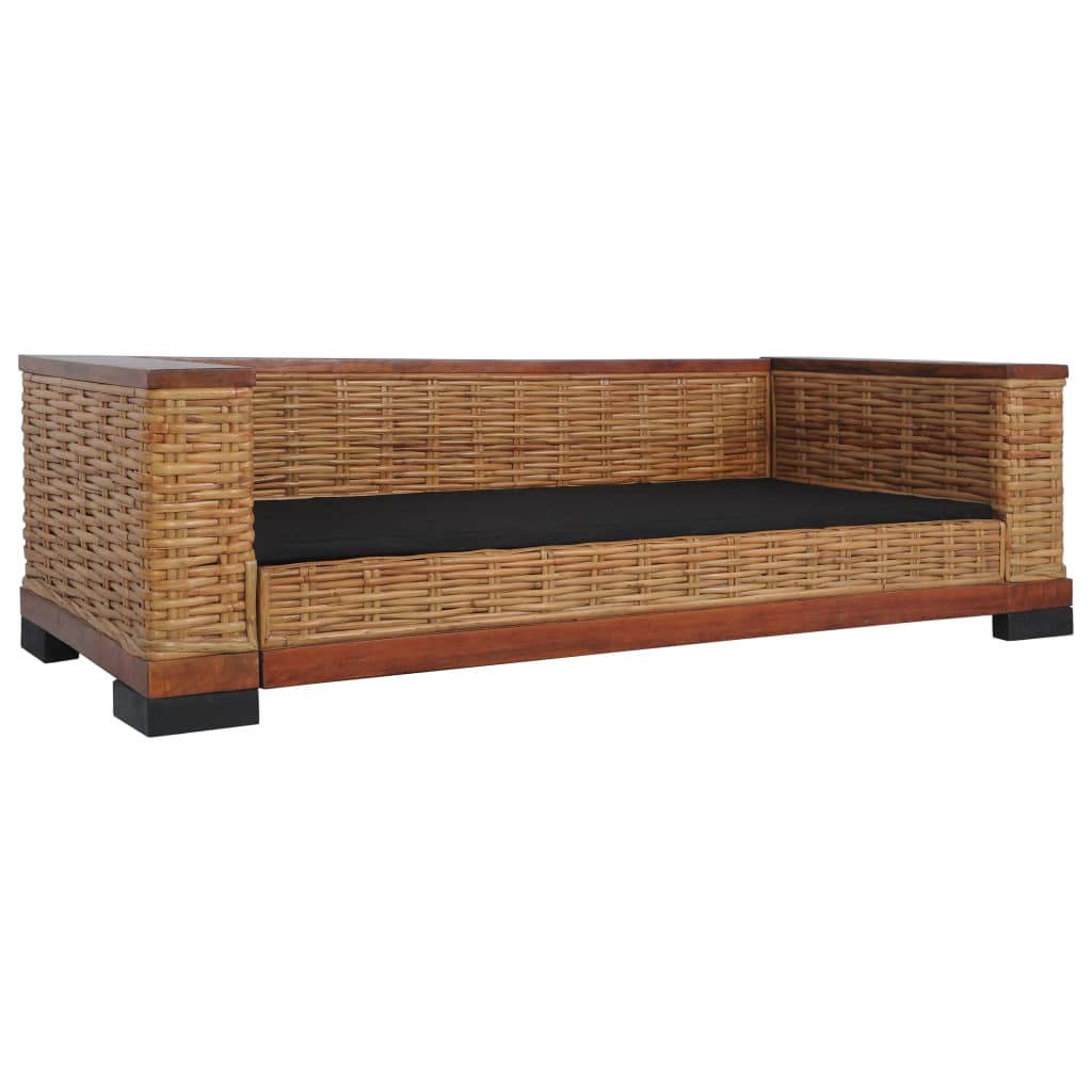 Divano a 3 Posti con Cuscini Marrone in Rattan Naturale