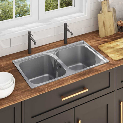 Lavello da Cucina Doppio con Filtro e Sifone in Acciaio Inox