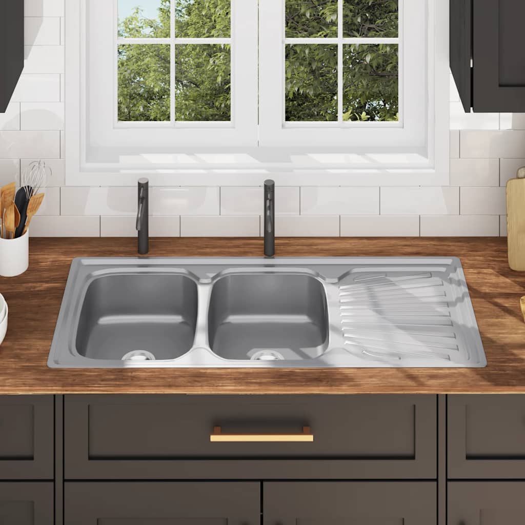 Lavello da Cucina Doppio con Filtro e Sifone in Acciaio Inox