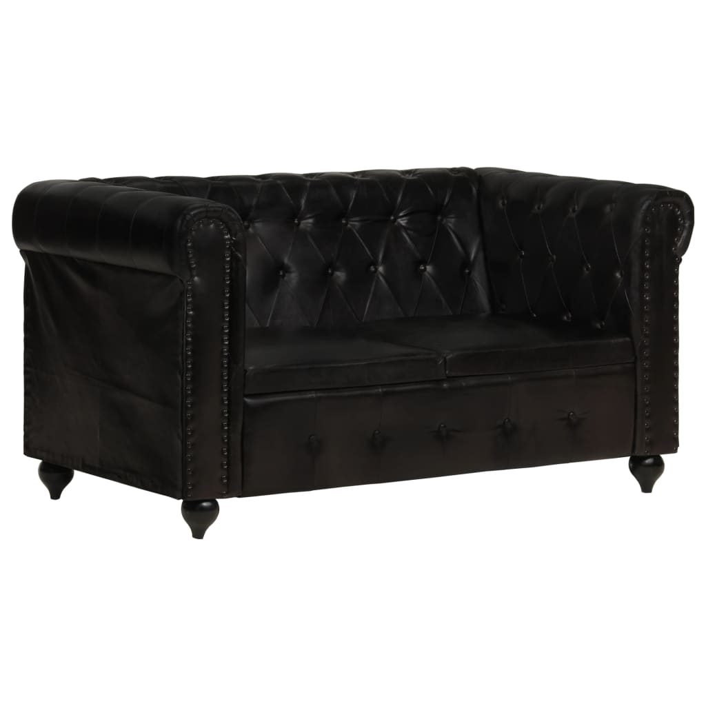 Divano Chesterfield a 2 Posti Nero in Vera Pelle