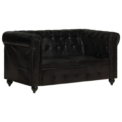 Divano Chesterfield a 2 Posti Nero in Vera Pelle
