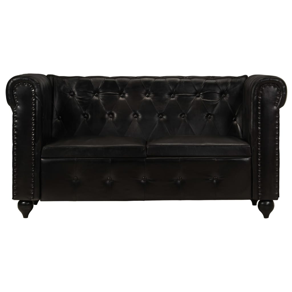 Divano Chesterfield a 2 Posti Nero in Vera Pelle