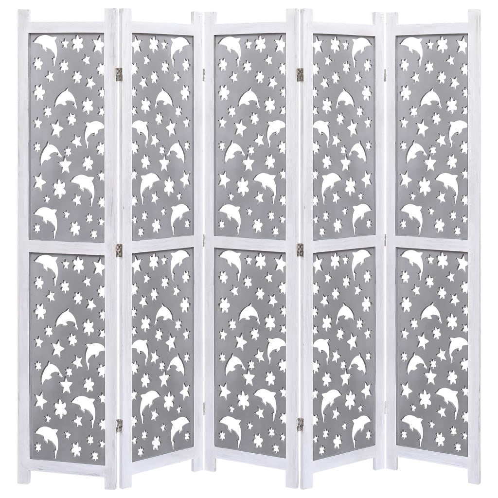 Divisorio a 5 Pannelli Grigio 175x165 cm in Legno Massello