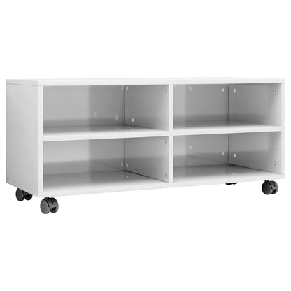 Mobile TV con Ruote Bianco Lucido 90x35x35 cm Legno Multistrato