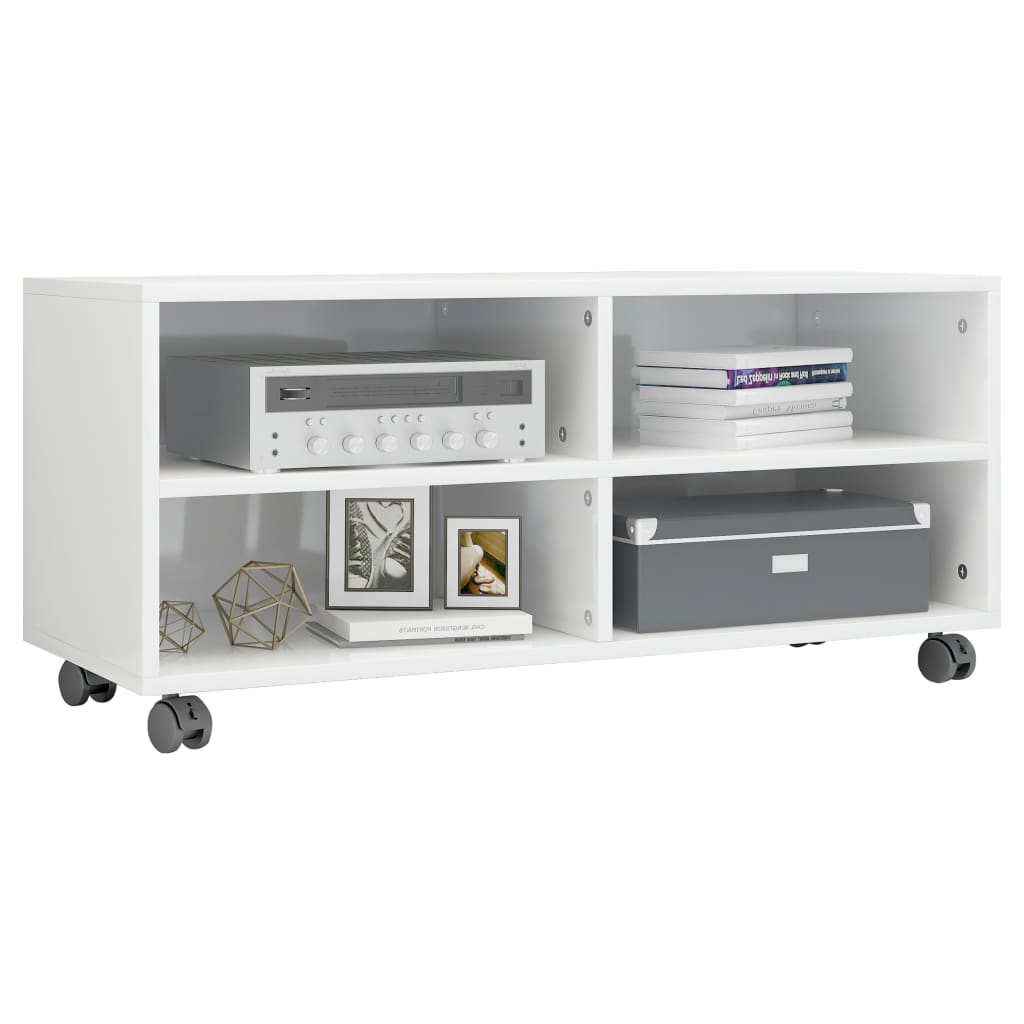 Mobile TV con Ruote Bianco Lucido 90x35x35 cm Legno Multistrato
