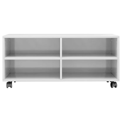 Mobile TV con Ruote Bianco Lucido 90x35x35 cm Legno Multistrato