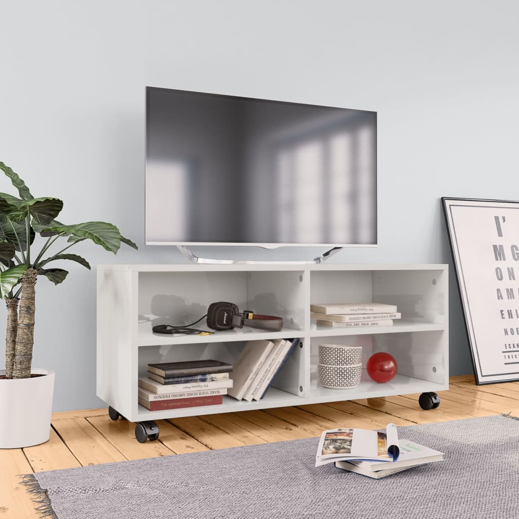Mobile TV con Ruote Bianco Lucido 90x35x35 cm Legno Multistrato