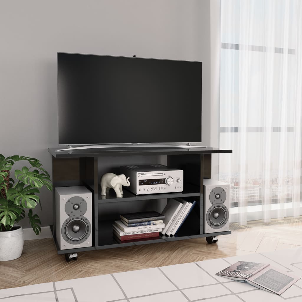 Mobile TV con Ruote Nero Lucido 80x40x40 cm in Truciolato