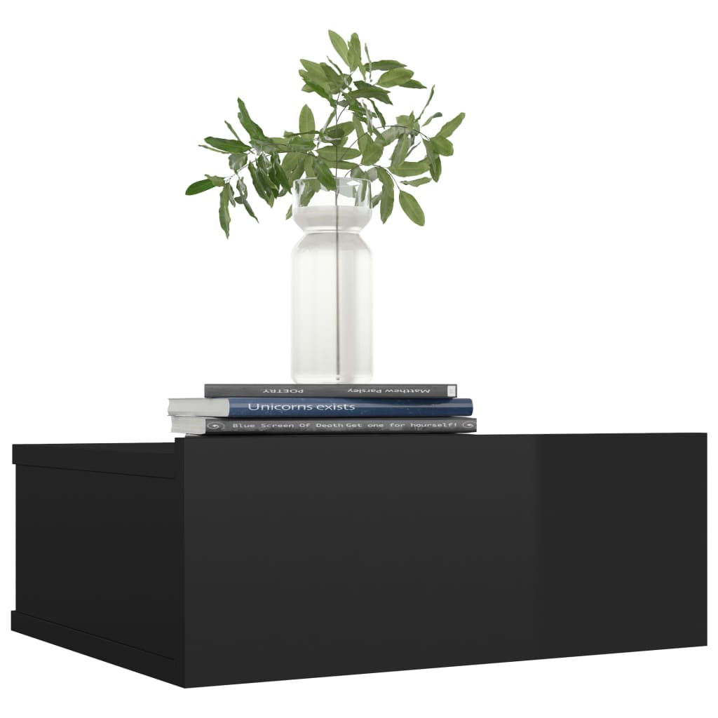 Comodino Pensile Nero Lucido 40x30x15 cm in Legno Multistrato