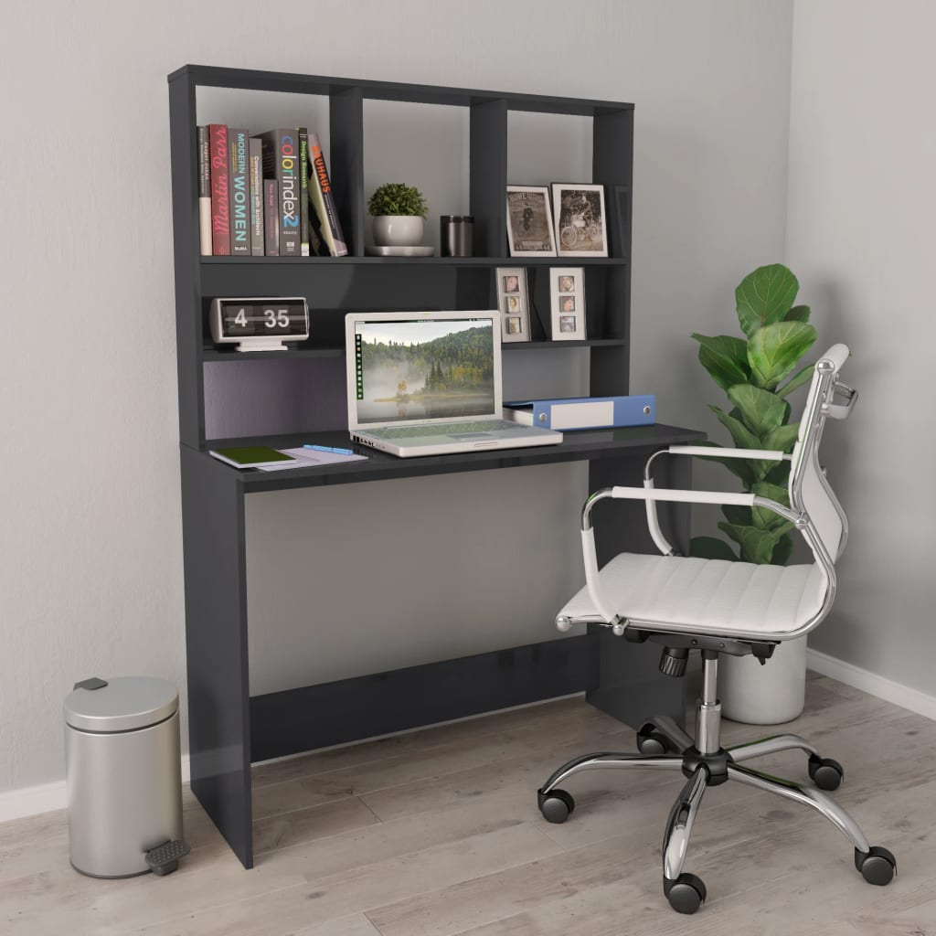 Scrivania Mensole Grigio Lucido 110x45x157 cm Legno Multistrato