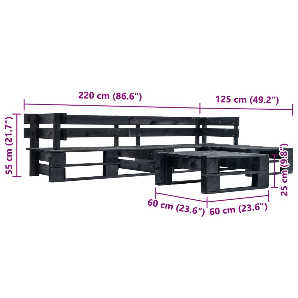 Divani da Giardino su Pallet 4 pz Neri in Legno