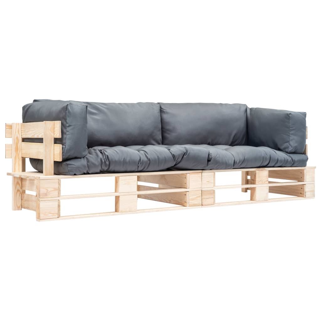 Set Divani Giardino Pallet 2pz con Cuscini Grigi Legno di Pino