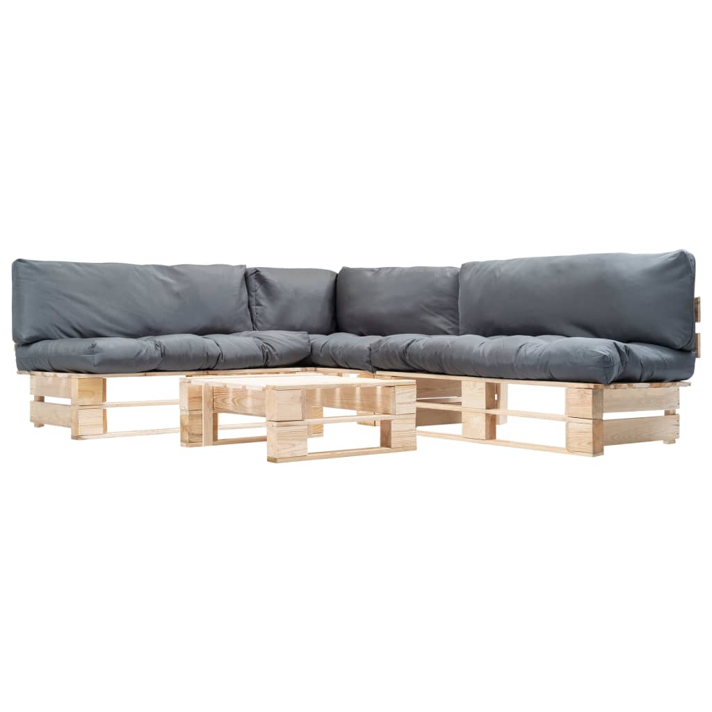 Set Divani da Giardino Pallet 4 pz con Cuscini Grigi in Legno