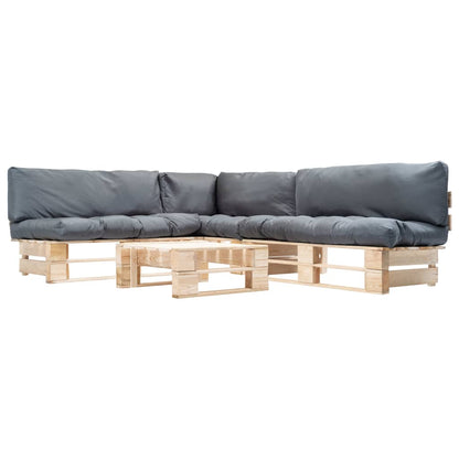 Set Divani da Giardino Pallet 4 pz con Cuscini Grigi in Legno