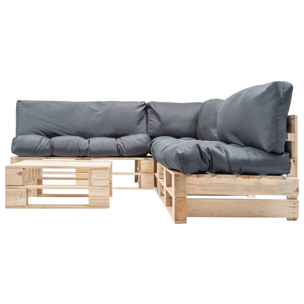 Set Divani da Giardino Pallet 4 pz con Cuscini Grigi in Legno