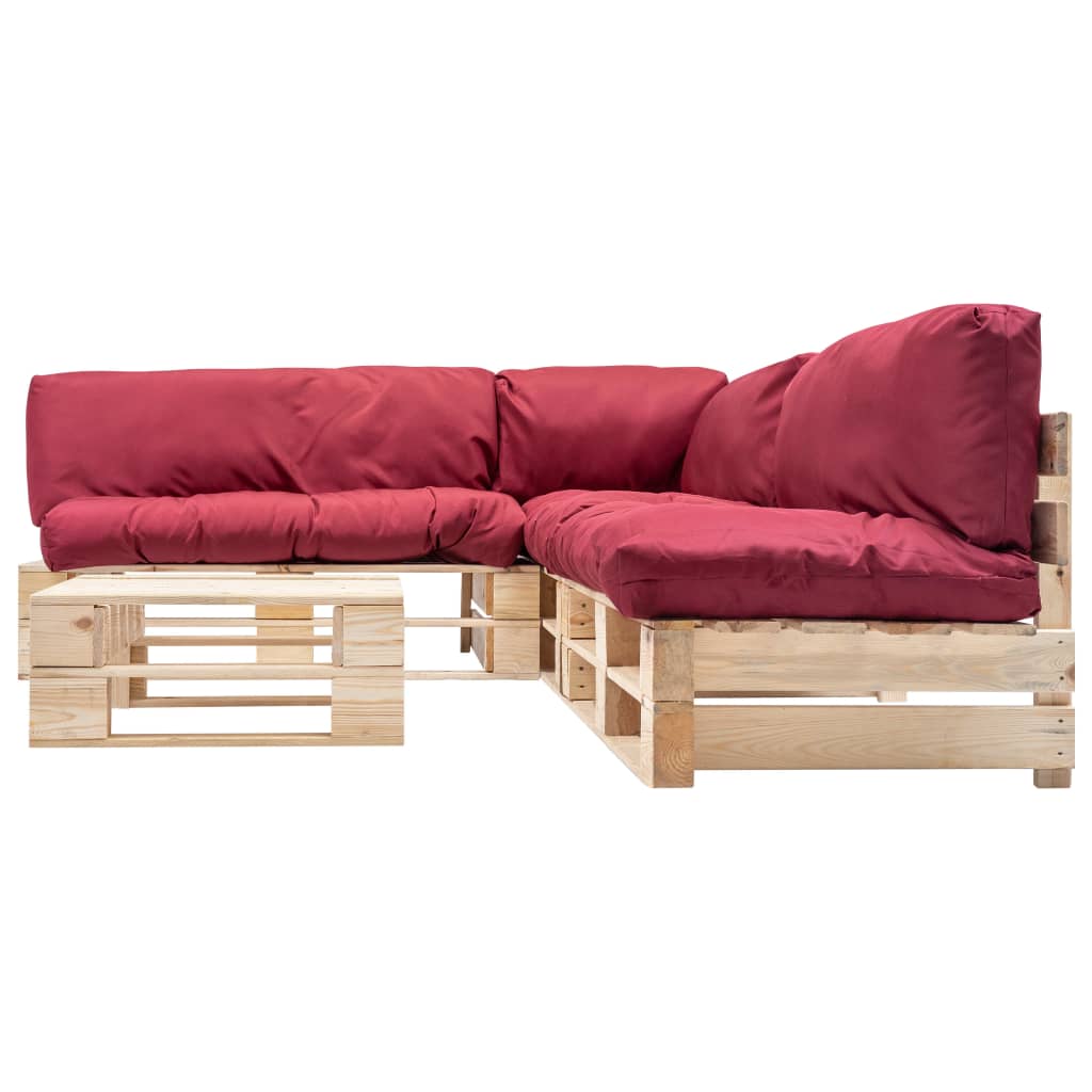 Set Divani da Giardino Pallet 4 pz con Cuscini Rossi in Legno
