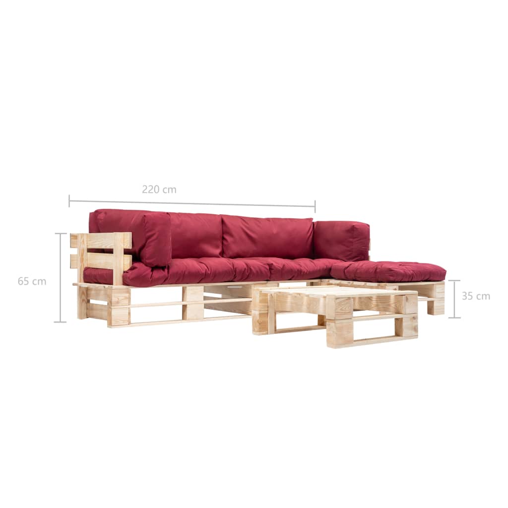 Divani da Giardino su Pallet 4 pz Cuscini Rossi in Legno