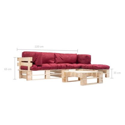 Divani da Giardino su Pallet 4 pz Cuscini Rossi in Legno
